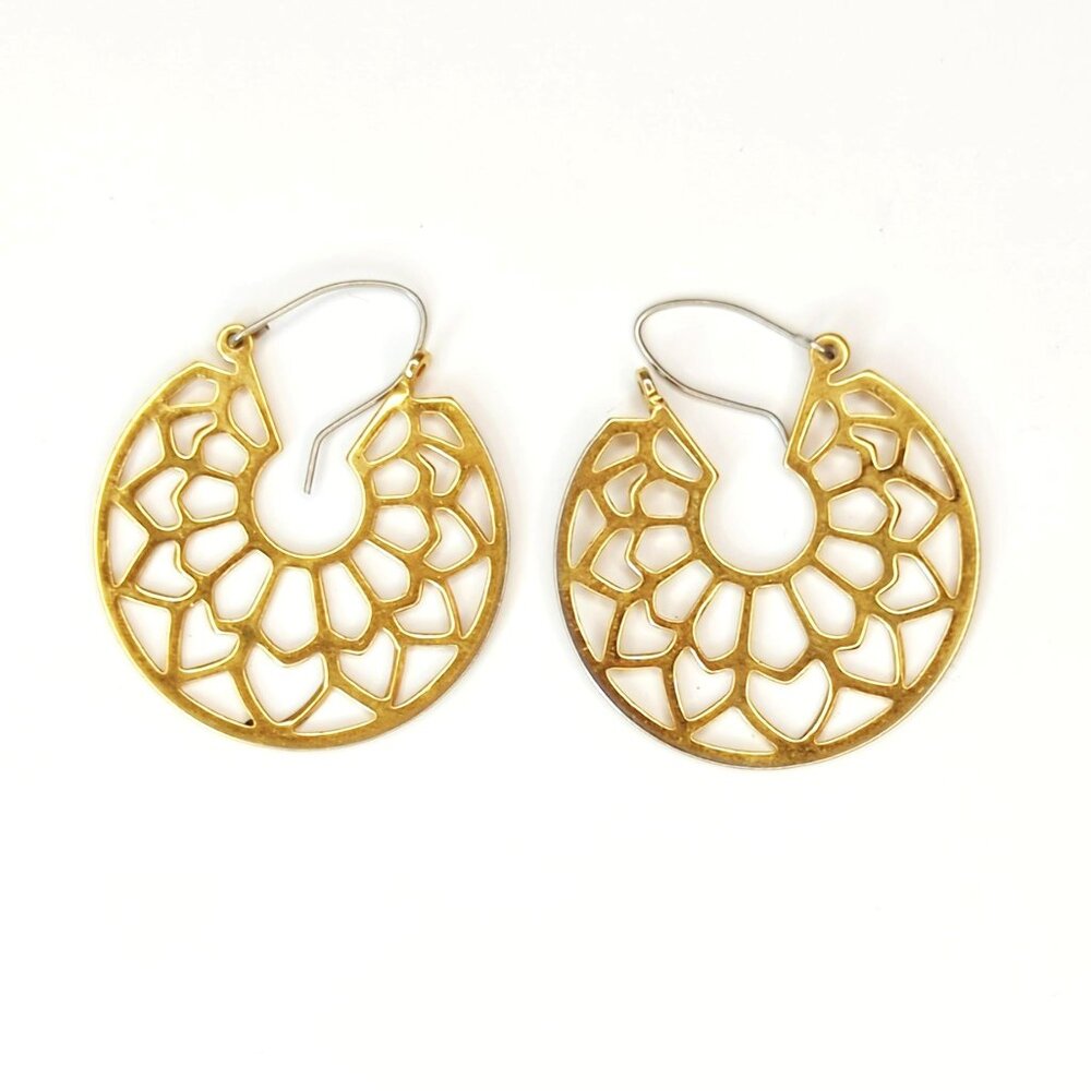 Vintage Boho Mandala Cutout Gold-Tone Hoop Earrings